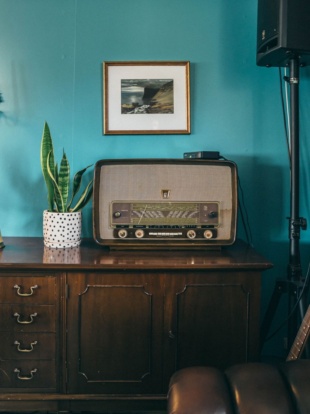 Vintage radio sits on wooden cabinet against turquoise wall with framed artwork and potted snake plant.