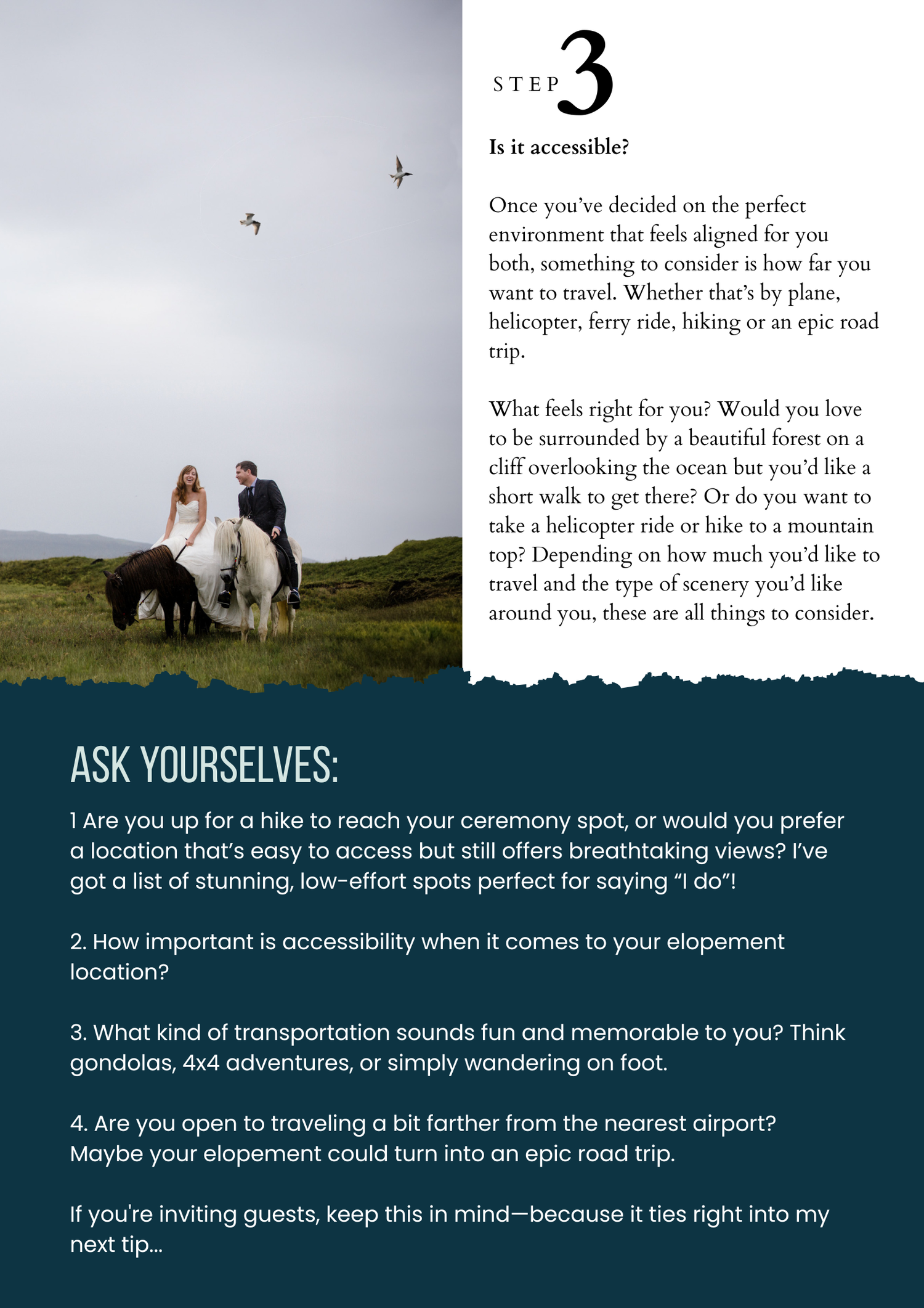 People riding horses along a scenic coastline with text overlay about wedding ceremony location planning details.