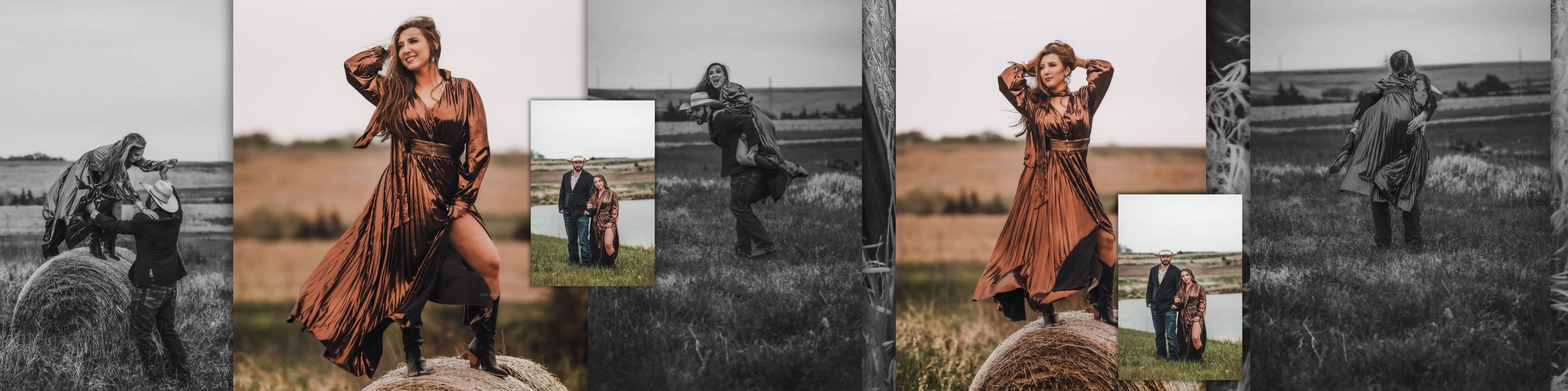 A romantic couple embraces and dances together in a brown dress and dark suit in an outdoor countryside setting.