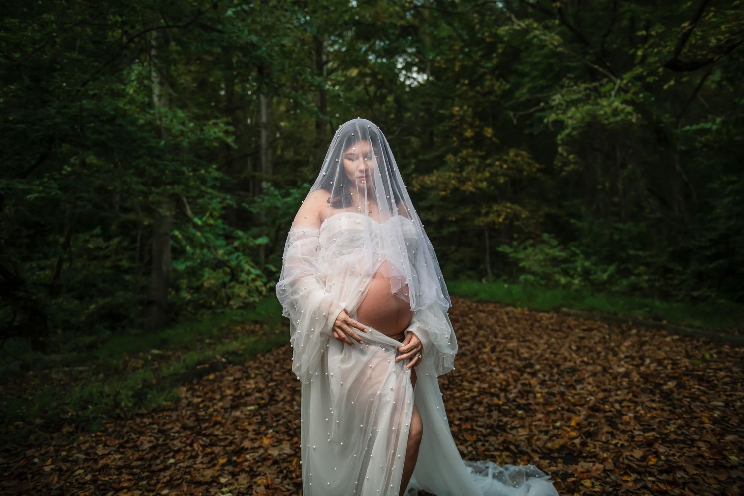 A bridal portrait in a sheer white gown and veil against a moody forest backdrop.