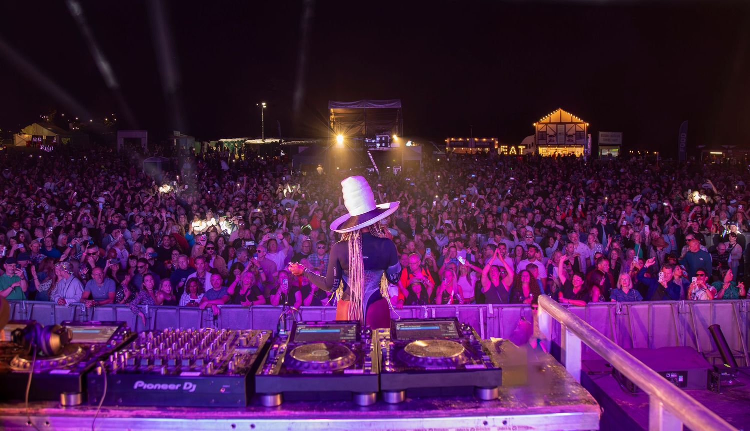 Performer on stage overlooking massive crowd at outdoor night concert with pink and purple lighting.