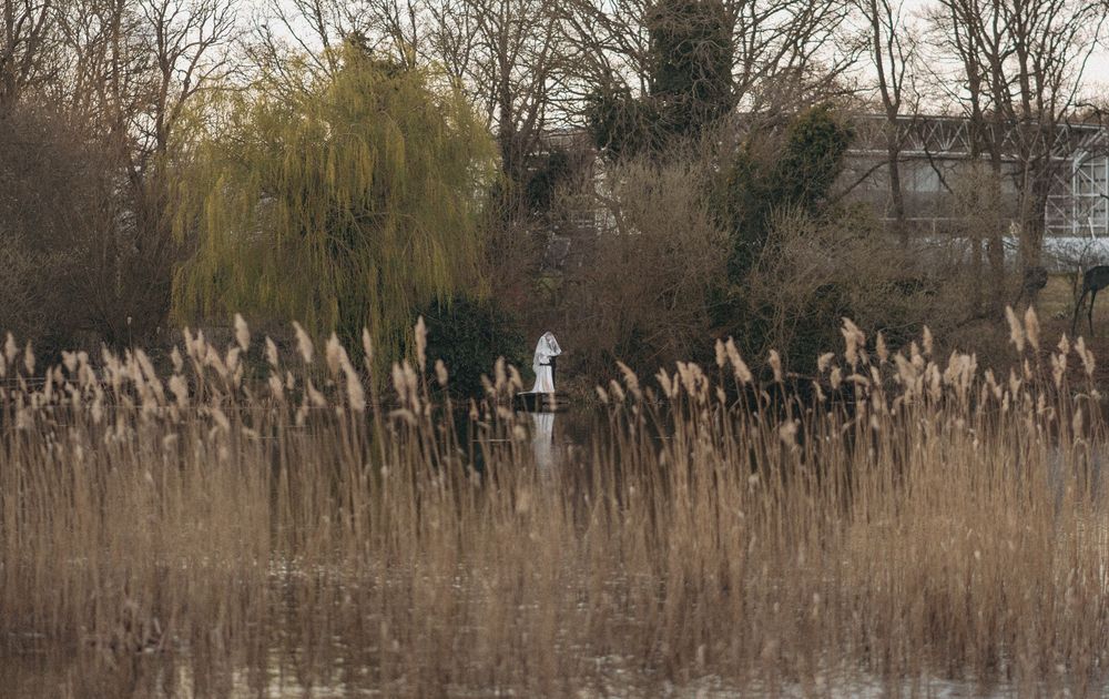Environmental portrait of bride & groom across a lake