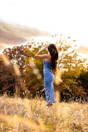 Silhouette of person in blue dress twirling in golden field at sunset with trees in background.
