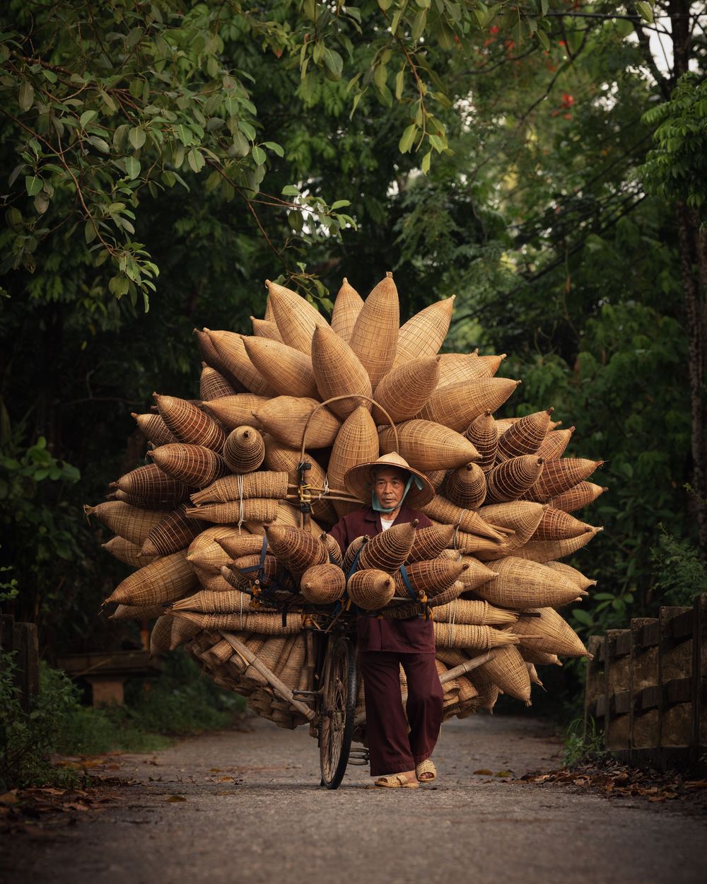 Person transporting large stack of woven basket fish traps on bicycle through tree-lined path in Vietnam. Photograph by Chris Ha.