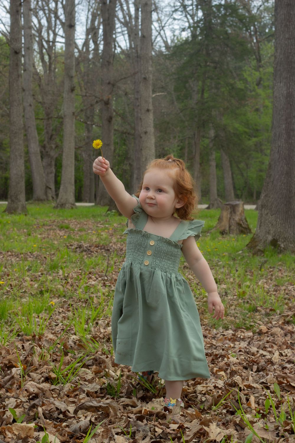 Small child in a green dress holds up a yellow dandelion flower while standing among fallen leaves in a wooded area.