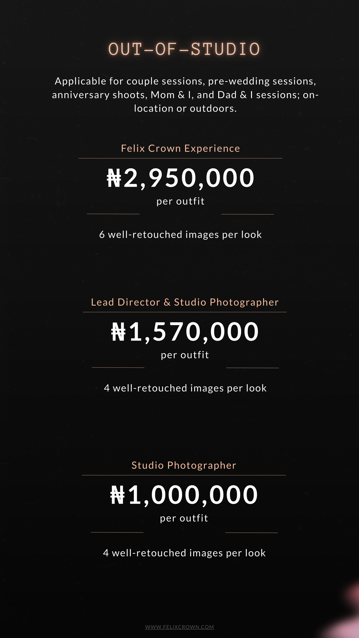 A pricing menu displays photography packages and services titled 'The Elegant Experience' with costs in Naira currency.