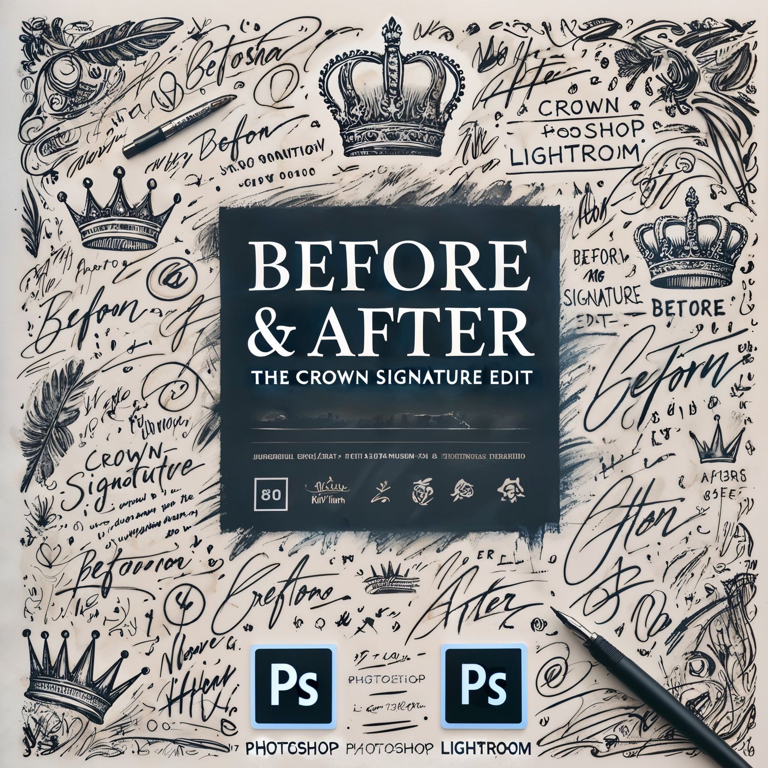 Before and After Crown Signature Edit promotional graphic with decorative crown and script elements.