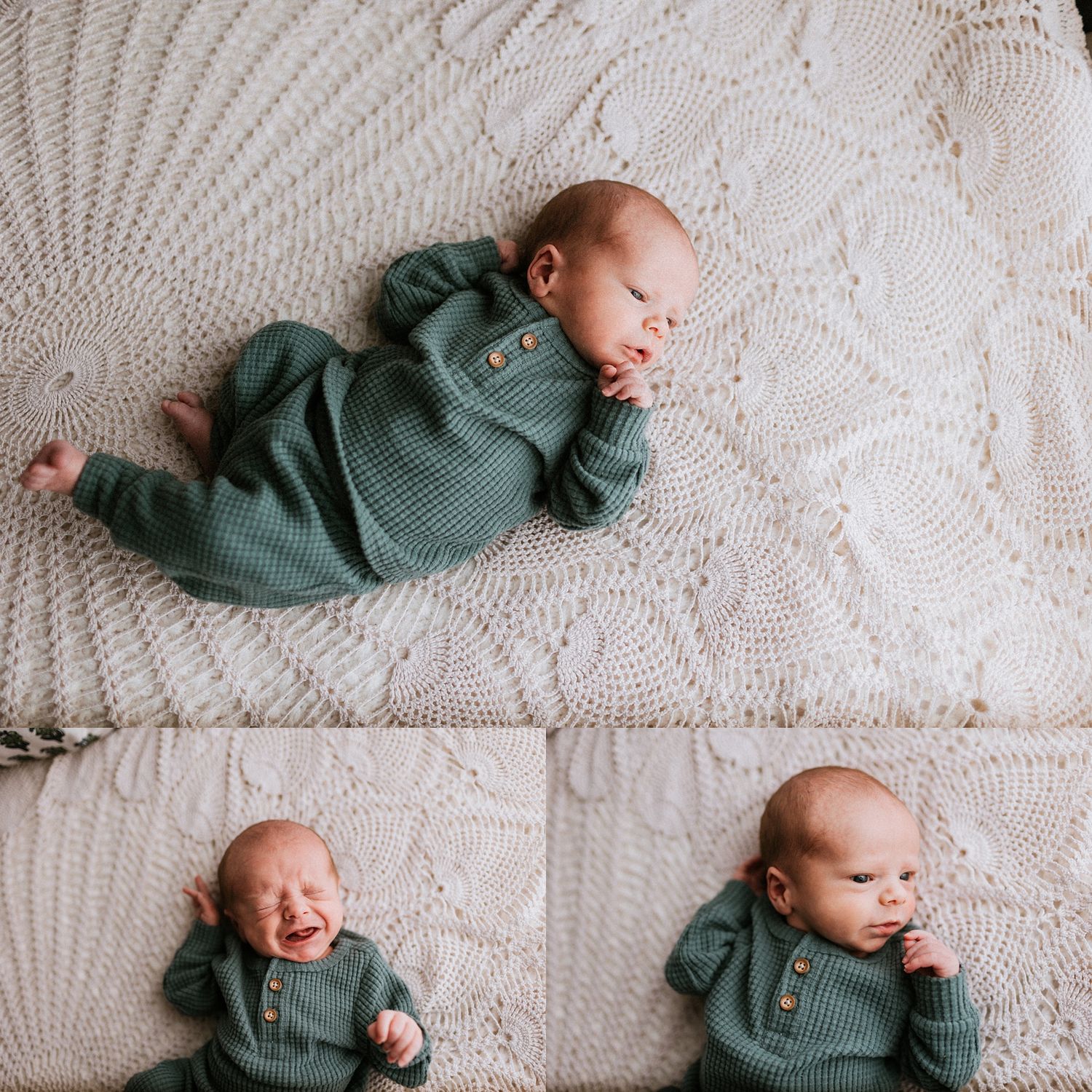 A baby wearing a green sweater lies peacefully on a textured white knit blanket.
