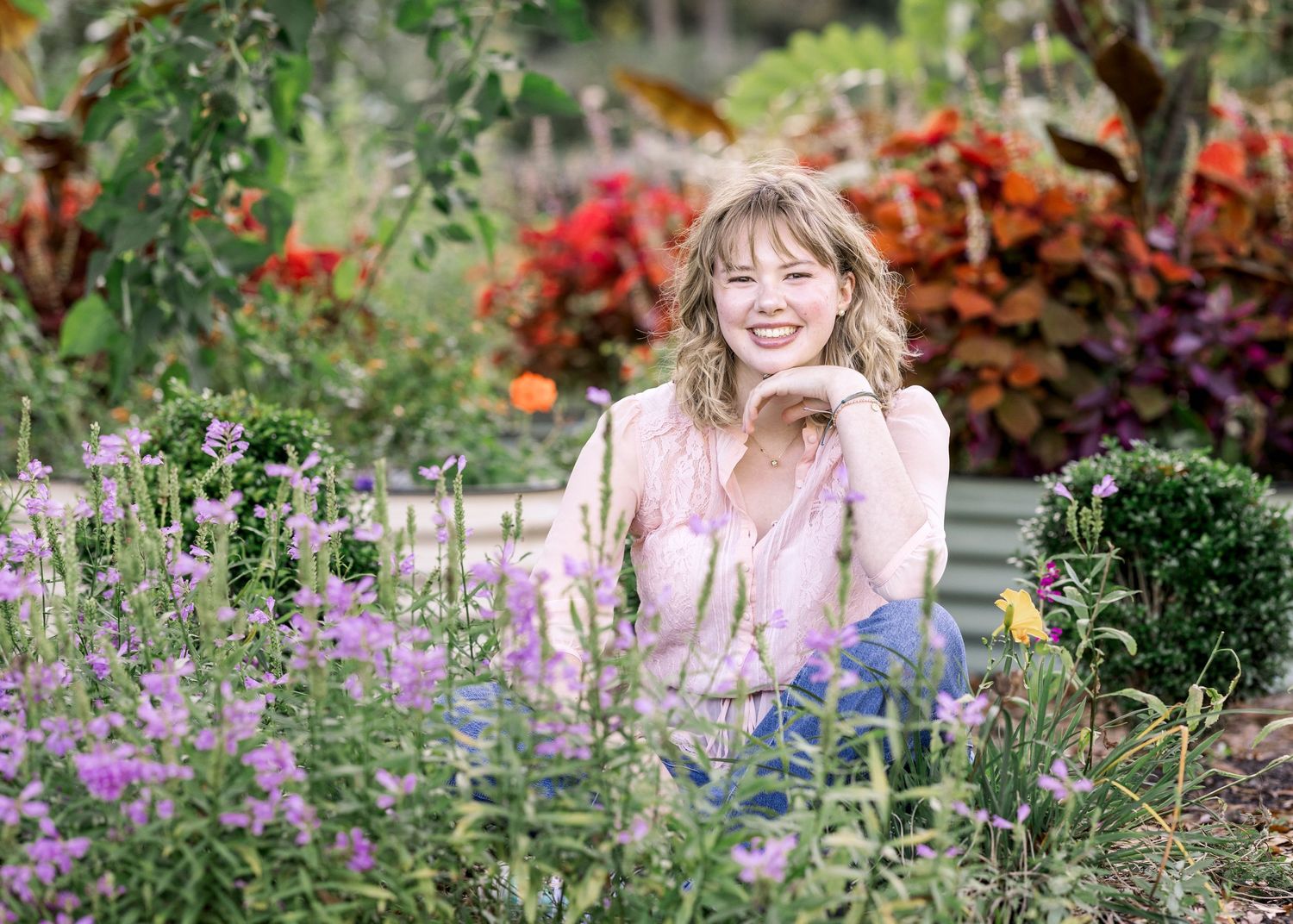 A colorful garden scene with blooming purple flowers and autumn foliage in the background.