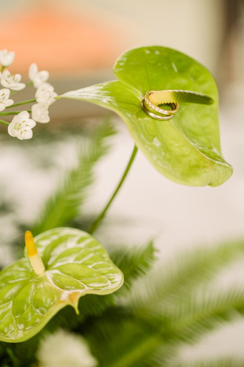 Ehe-und Verlobungsring mit Edelstein zwischen grünen Anthurien-Blumen als romantisches Hochzeitsdetail.