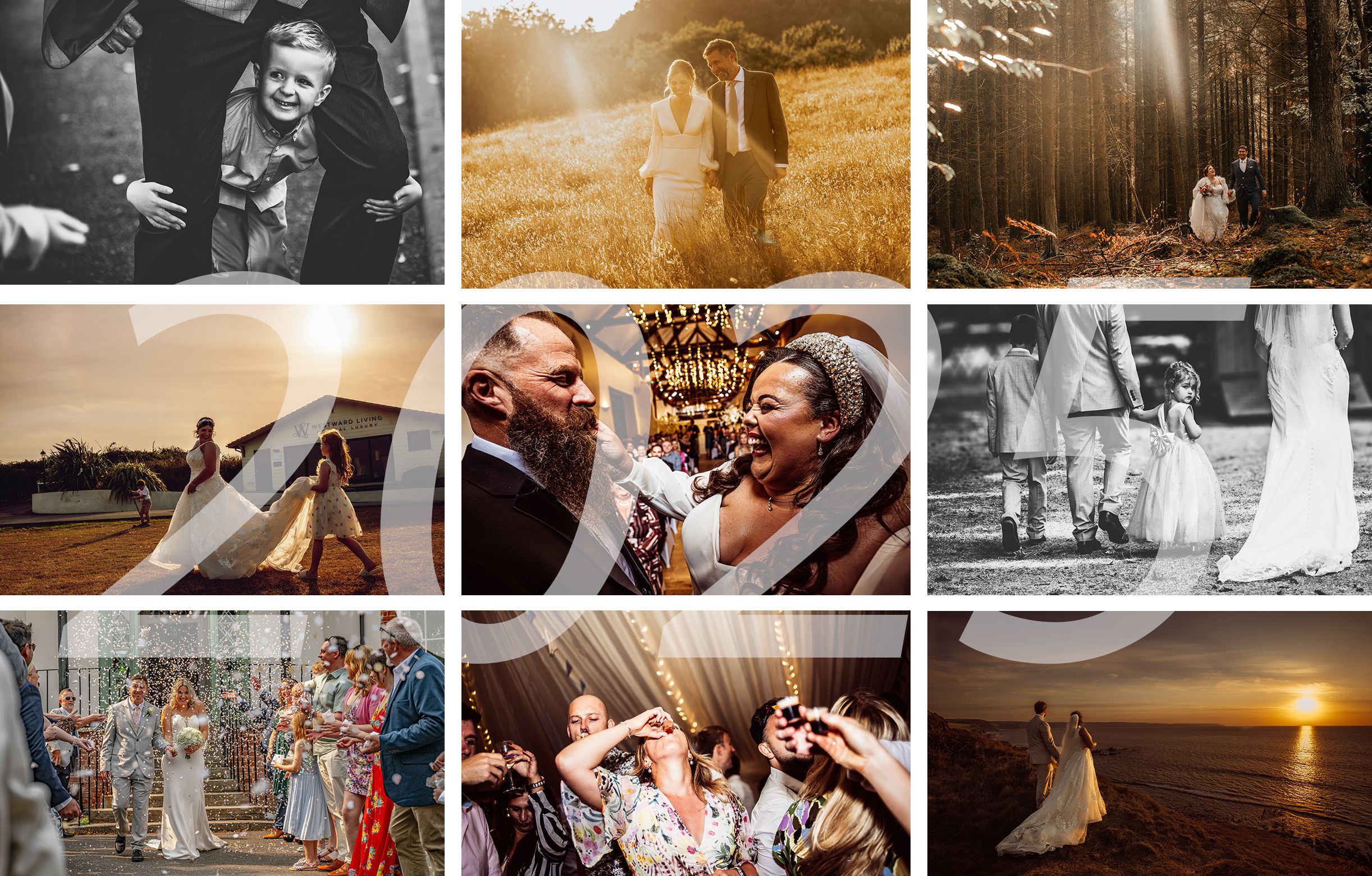 A collection of candid wedding photography moments showing celebrations, dancing, and romantic scenes at various venues.