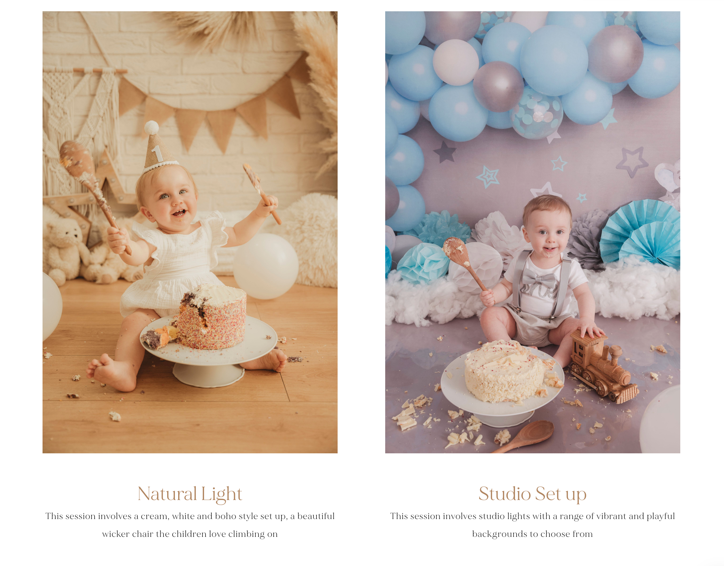 Professional cake smash photography setup with soft pastel colors, paper lanterns, and delicate decorations for a first birthday.