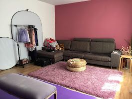 Modern bedroom interior with pink accent wall, gray sofa, and natural lighting through sheer curtains.