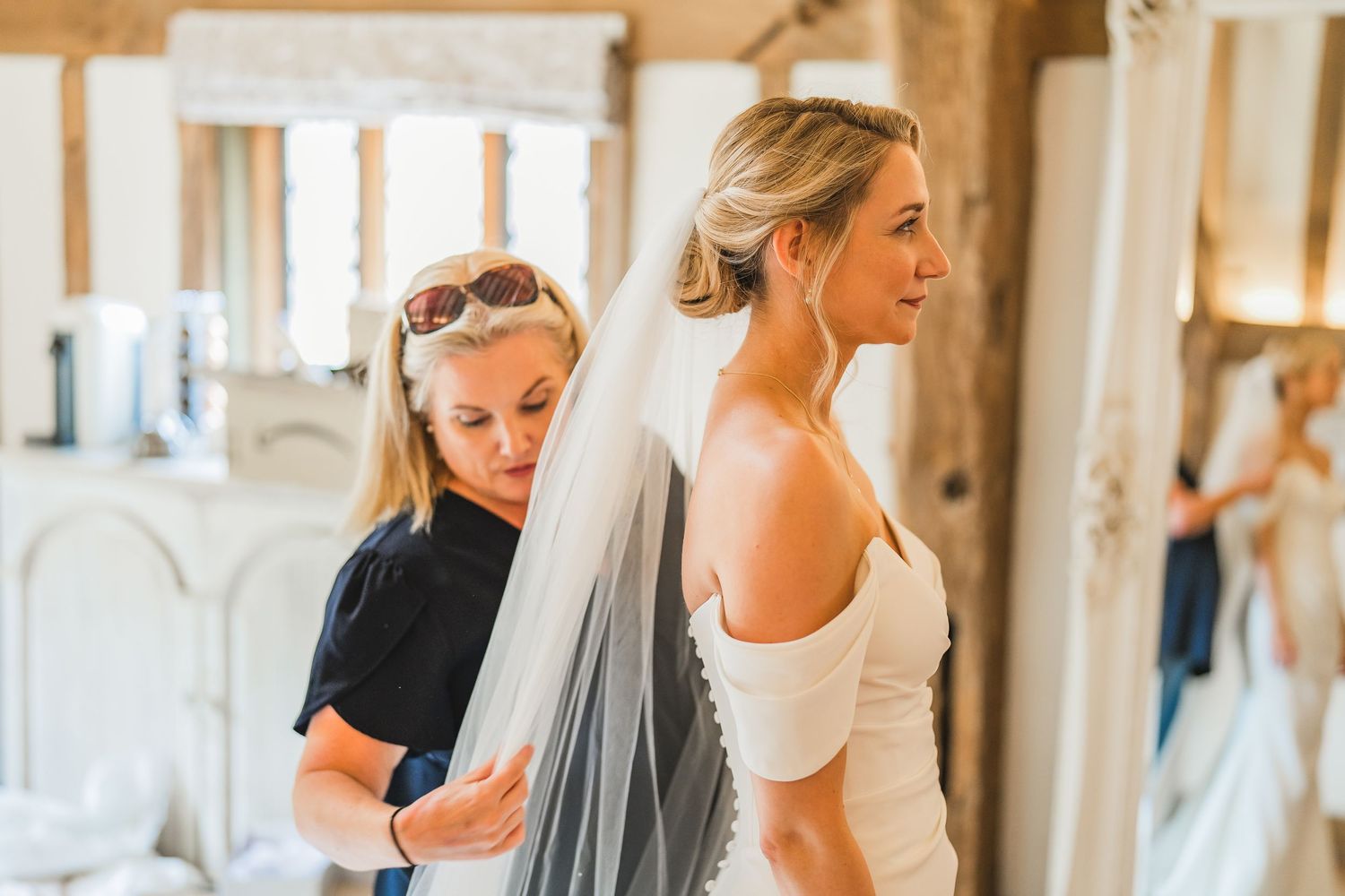 Last minute adjustments to the brides veil.