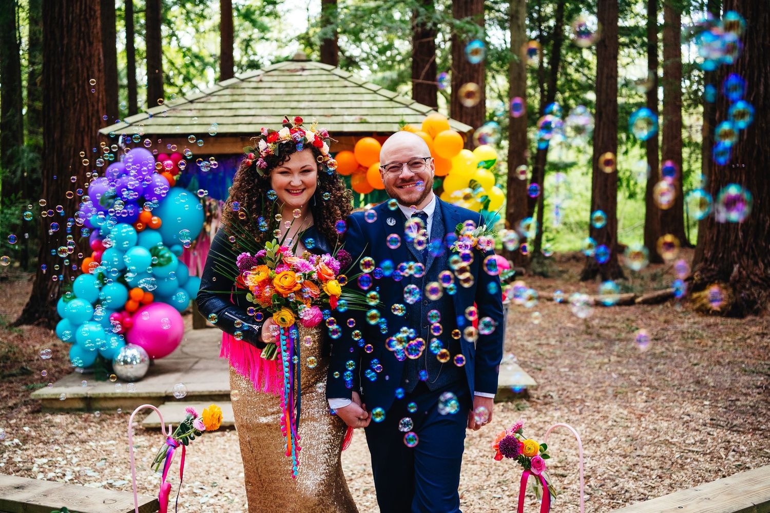 Woodland wedding in Surrey. Colourful and unique for a flamboyant couple