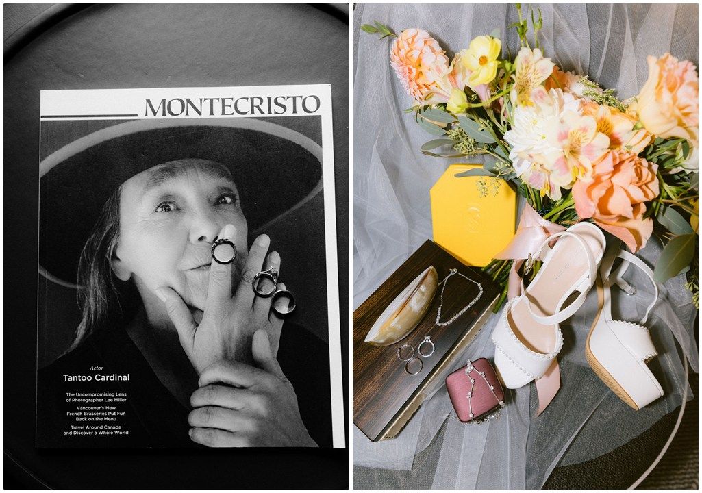 A magazine cover with a black and white photo beside a flatlay of orange juice, flowers and accessories on tulle fabric.
