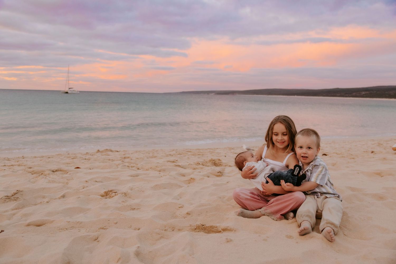 A group of connected sunset beach photos showing people relaxing on sandy shores at dusk with pink and purple skies.