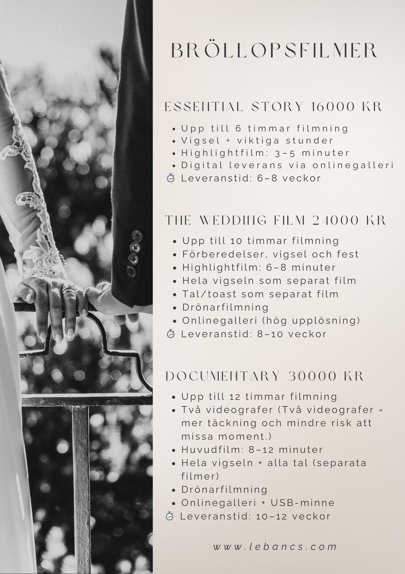Black and white wedding photography pricing menu displays various packages and services in Swedish text.