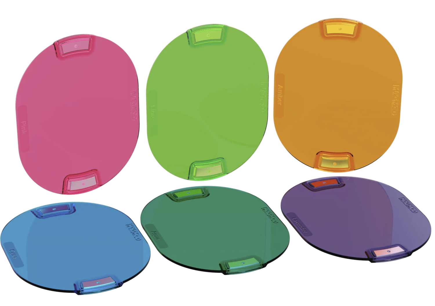 Colorful round plastic lids in pink, green, orange, purple and blue arranged in a curved line on white background.