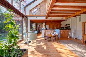 Sun-filled conservatory with wooden beams, indoor plants, and modern dining furniture.