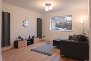 Contemporary living room with dark sofa, media unit, and radiator beneath window.