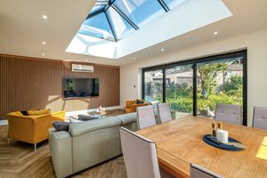 Open-plan living space with wood paneling, skylight, and dining area overlooking garden.