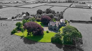 Aerial view of estate with vibrant green gardens highlighted against black and white countryside.