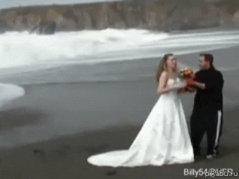 Funny meme showing an elopement couple being washed away by waves in Iceland