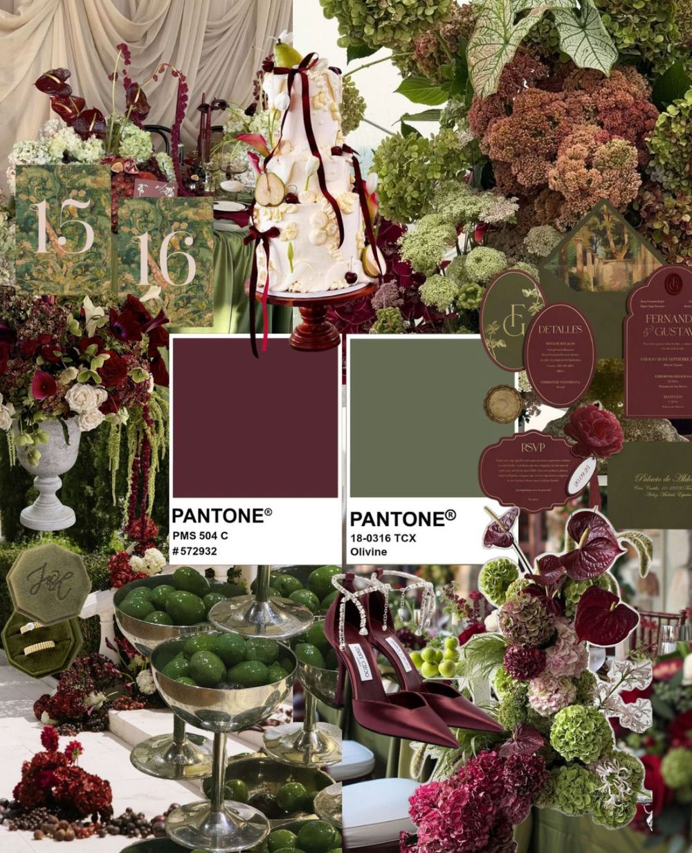 Pantone color palette mood board featuring burgundy and olive green wedding inspiration with floral decor.