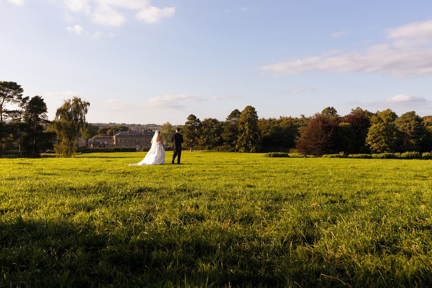 A couple in wedding attire walks through a vibrant green meadow under a blue sky with trees in the background.
