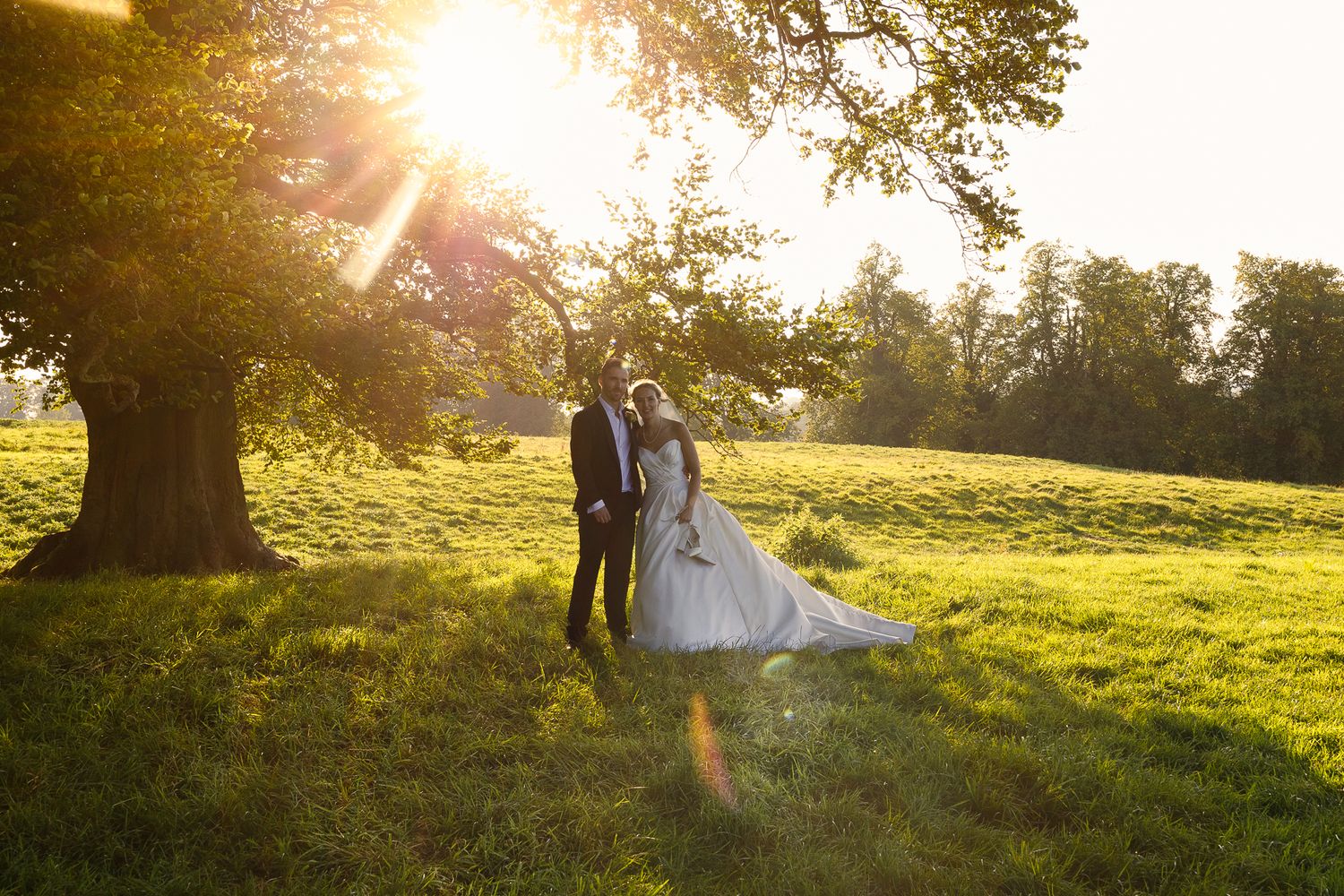 Couple in wedding attire poses in golden sunlit meadow during sunset photography session.