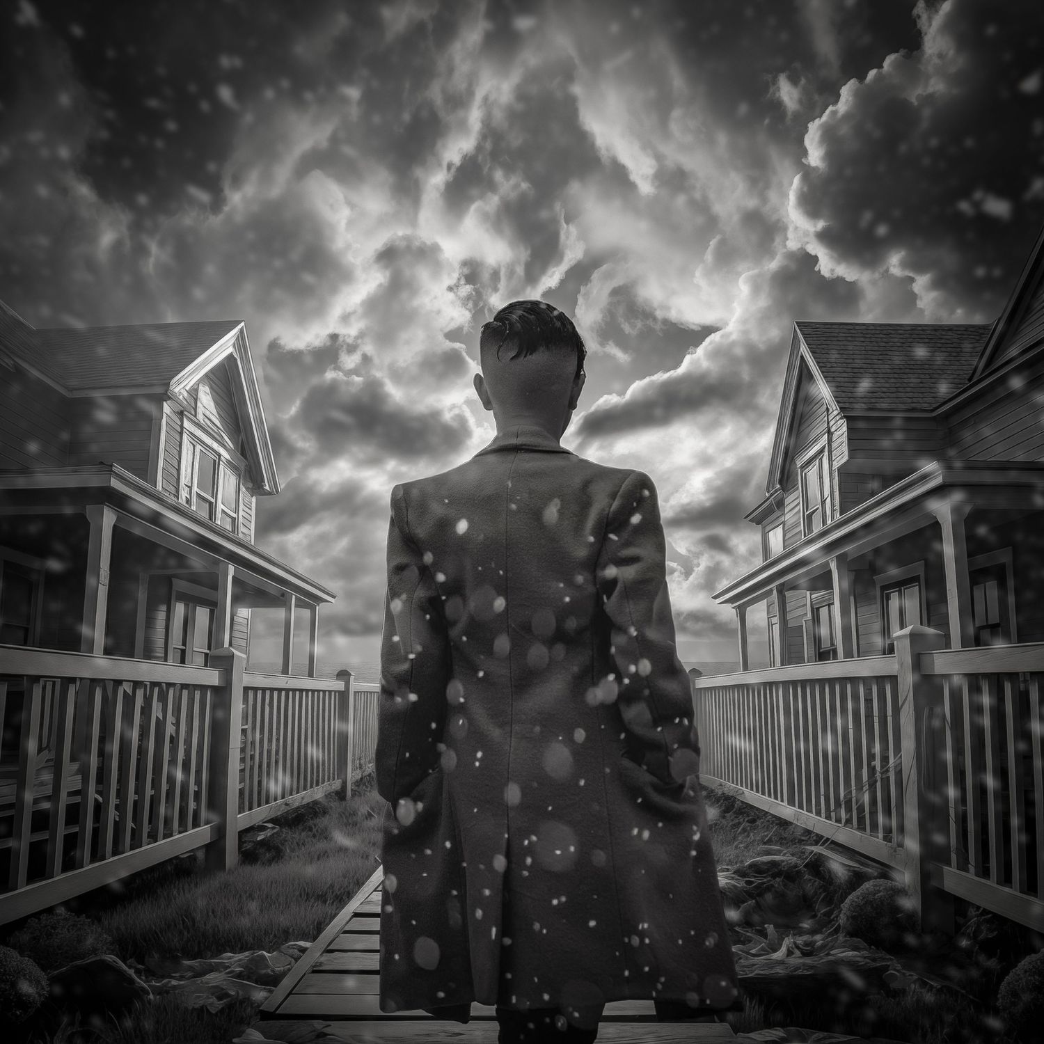 A dramatic black and white sequence of a house with dark stormy clouds looming overhead.