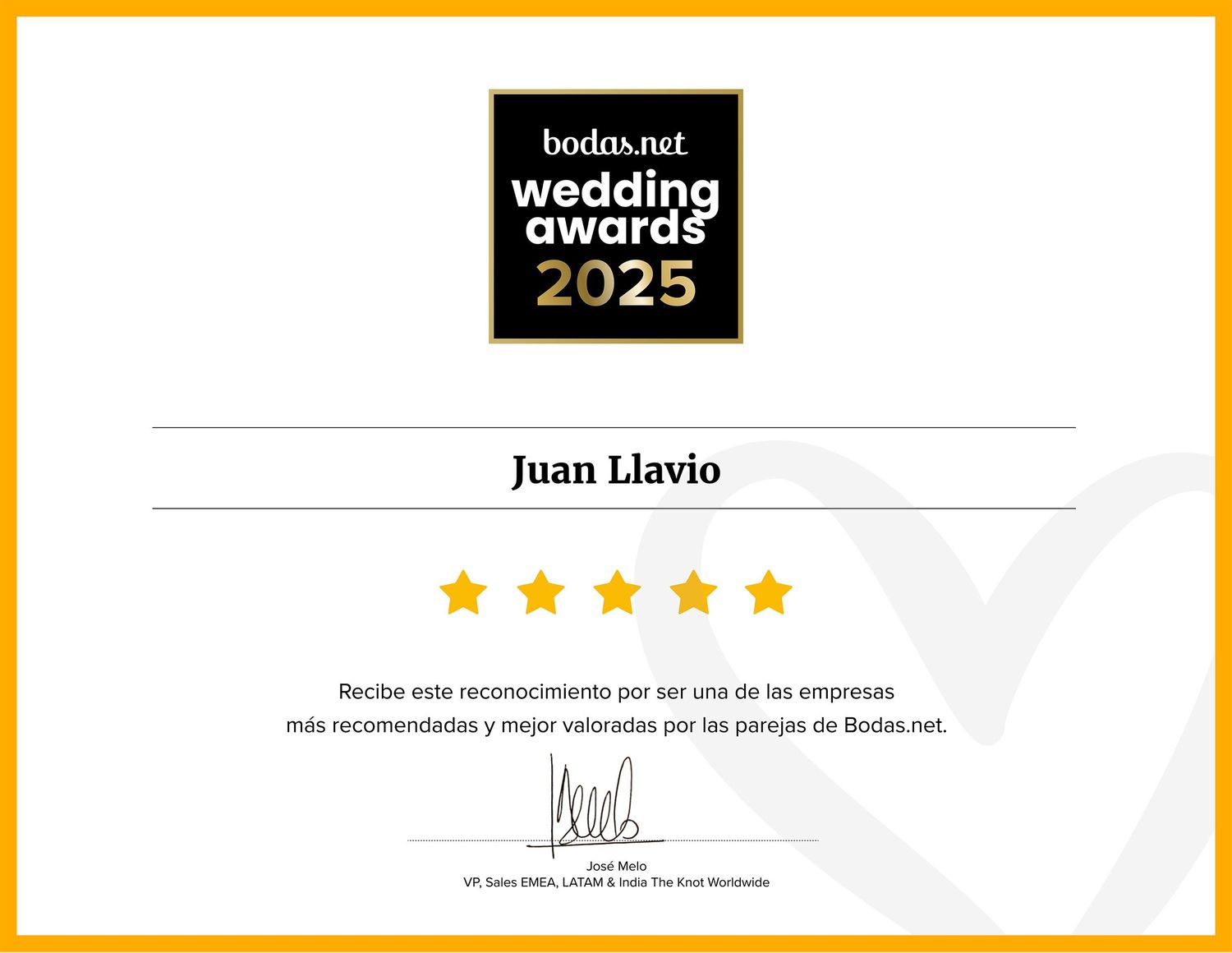 Certificado Wedding Awards 2025 de Bodas.net otorgado a Juan Llavio, fotógrafo de bodas en Asturias, por ser uno de los profesionales mejor