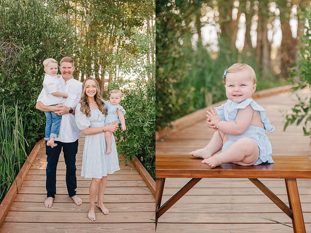 Family members sit and interact together on a wooden bench in a lush outdoor setting during a photo session.