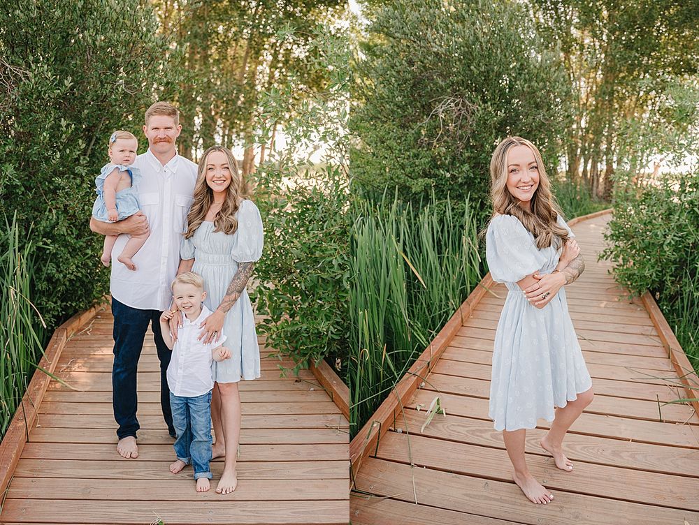 Family portraits taken on a wooden boardwalk surrounded by lush greenery and tall reeds in natural lighting.