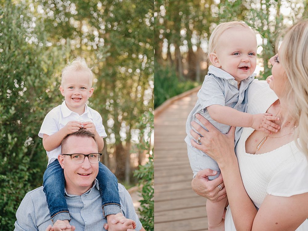 Family portrait session captured outdoors on wooden boardwalk with natural greenery in background.