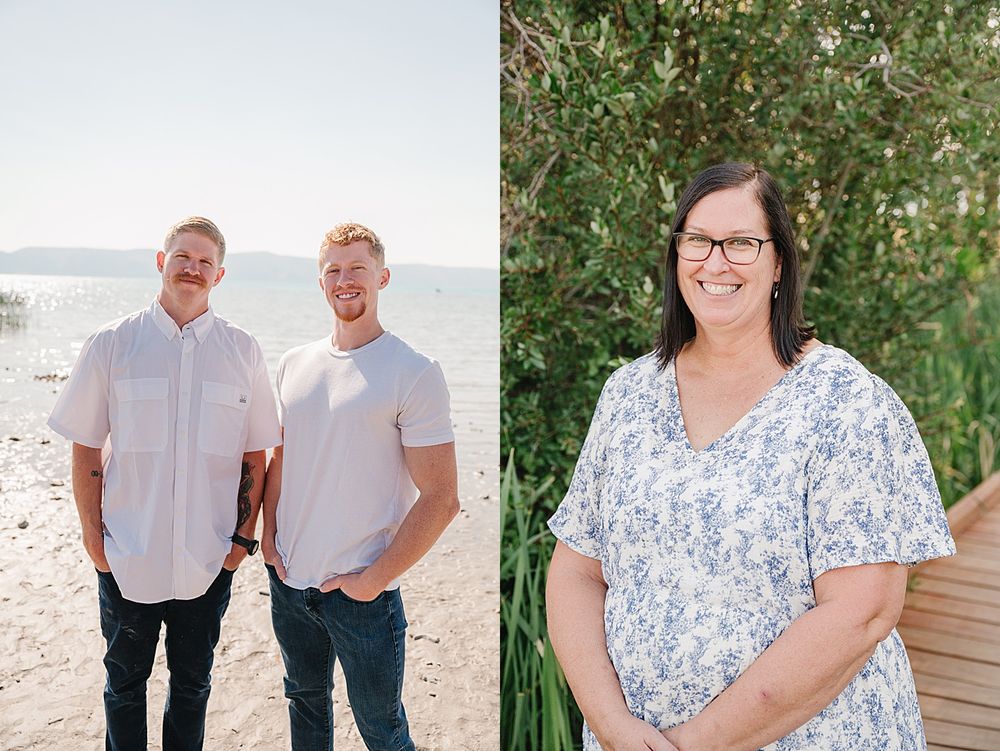 A series of casual outdoor portrait photos showing people in white and blue outfits against natural greenery and beach settings.