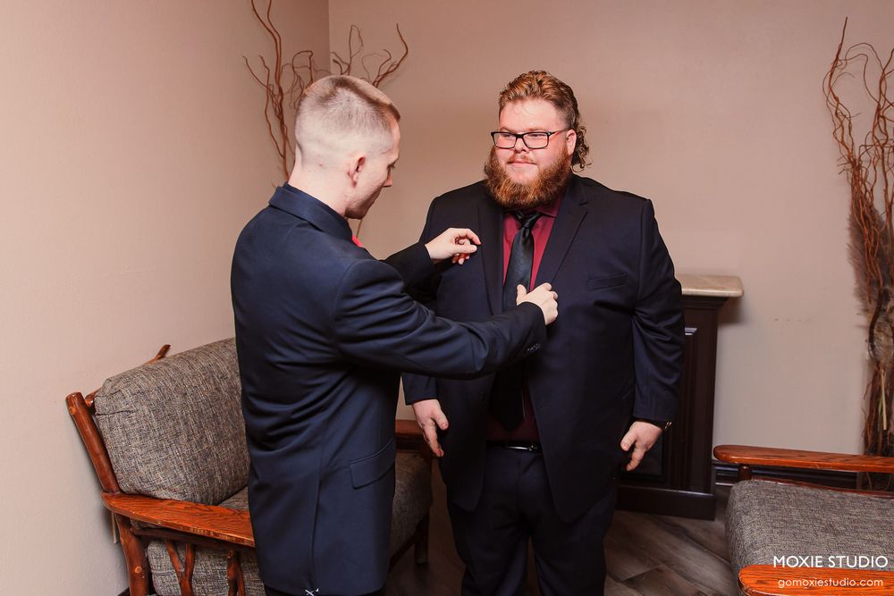 A series of four connected photos showing people in formal attire having conversations in an indoor setting.