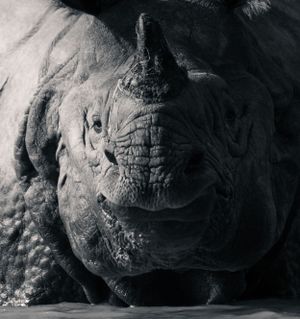 Close-up view of a rhinoceros's textured skin and horn in black and white.