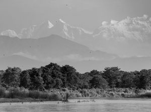 A panoramic landscape view of mountains and trees in the distance.