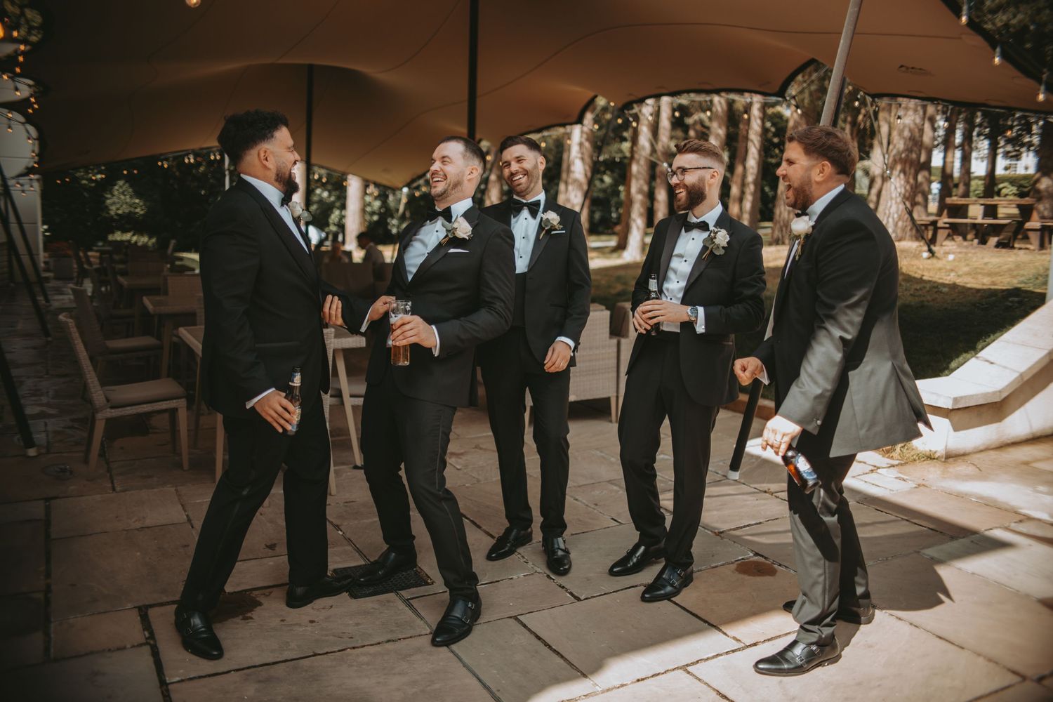 Wedding party members show off their shoes in a creative photo composition.