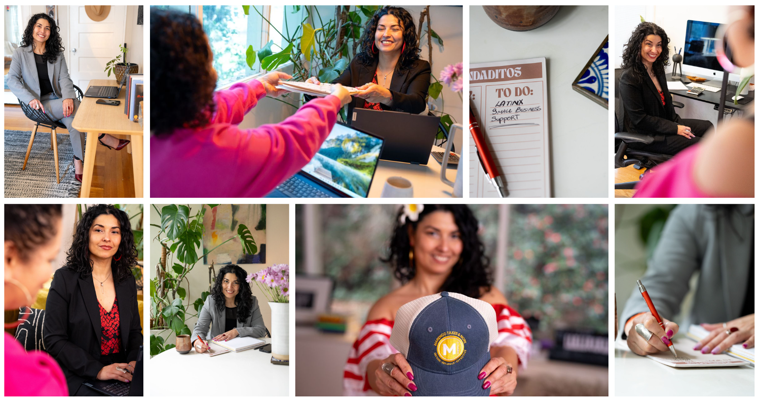 Various images showing a finance professional in office settings, signing documents, holding a branded hat, and interacting with clients.