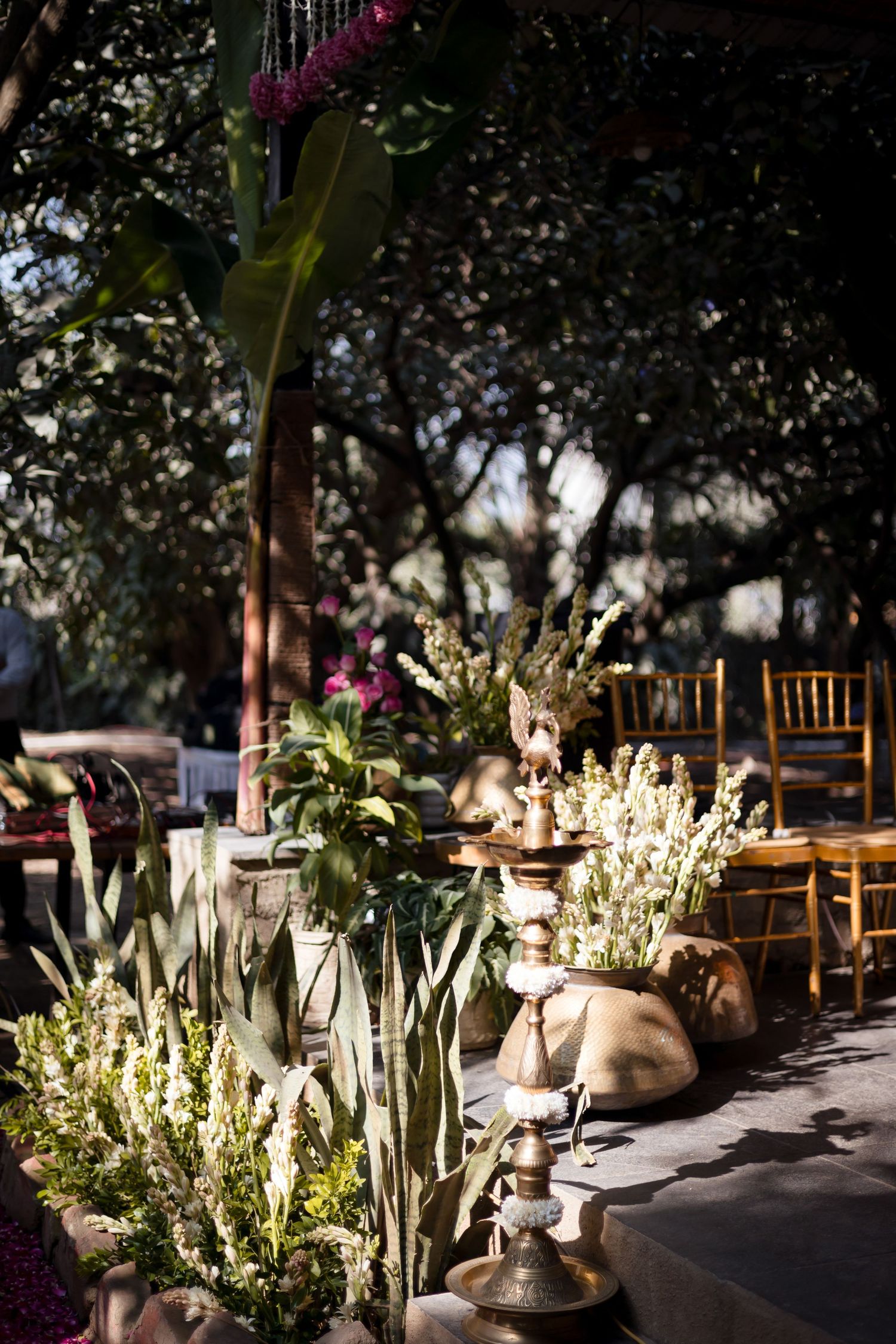 Outdoor wedding decor with white flowers, candles and wooden chairs in dappled sunlight.