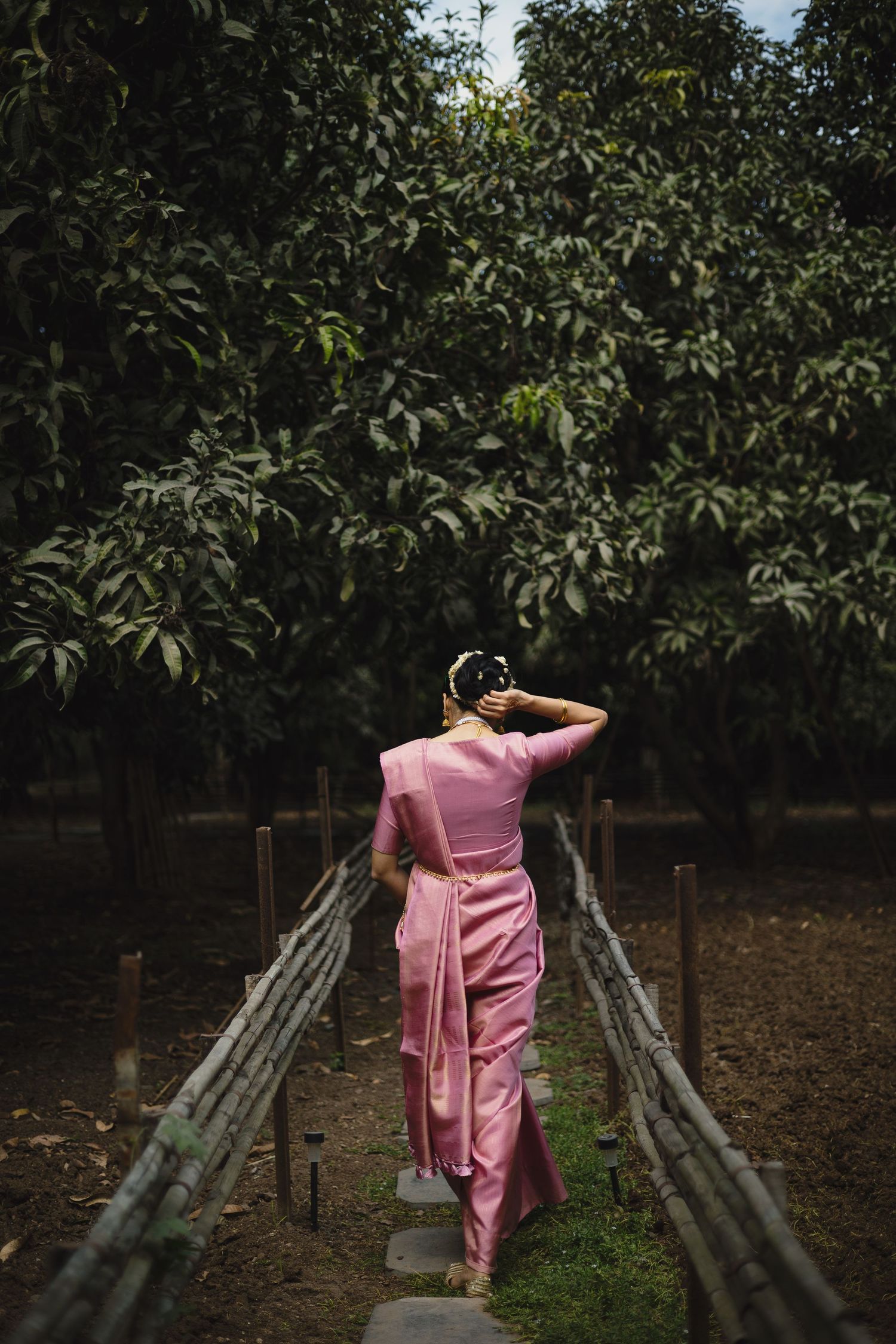 Person in a pink sari walking along a bamboo pathway through a garden.