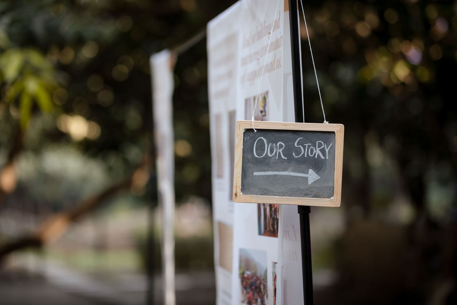 Rustic chalkboard directional sign with arrow pointing to wedding event.