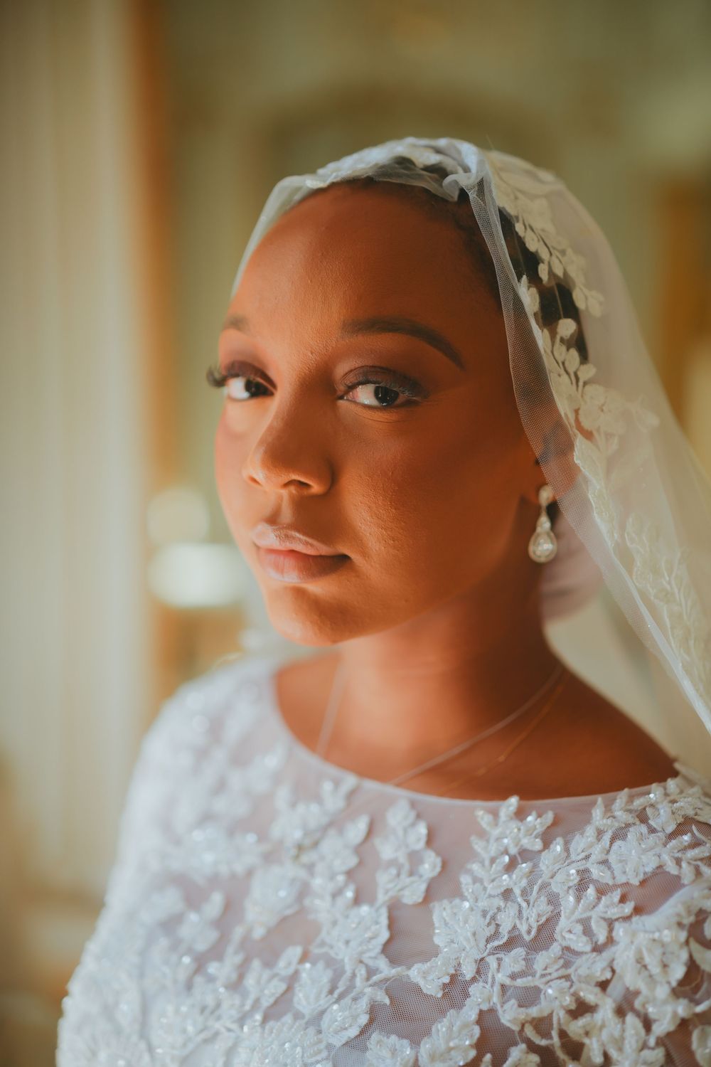 A bride wearing an elegant lace wedding dress and veil gazes softly in warm ambient light.