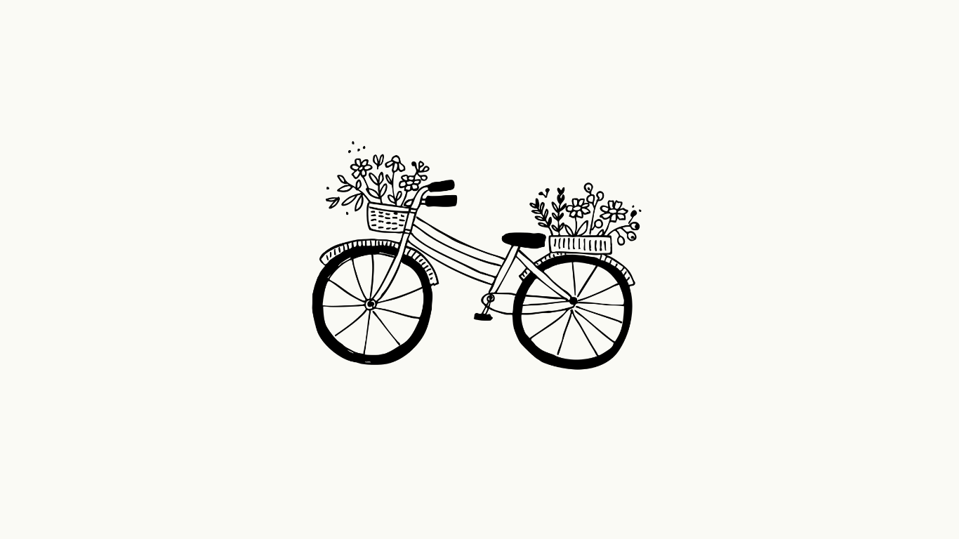 Simple black and white line drawing icons showing floral arrangements, bicycles, and coffee beverages.