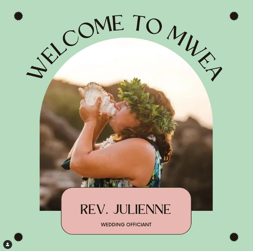 A circular design featuring Rev. Julienne as a wedding officiant with a tropical leaf crown on Maui, Hawaii.
