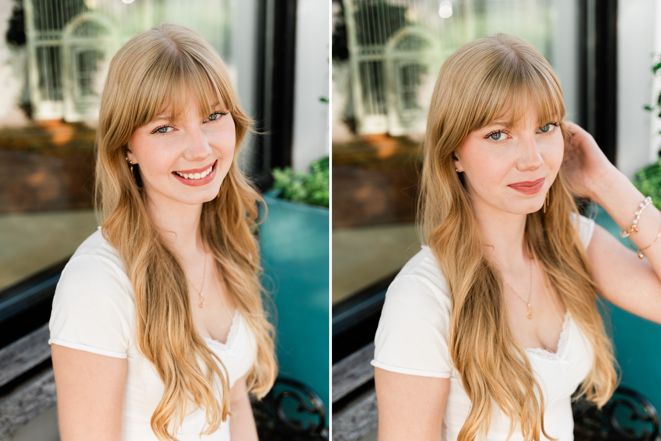 Two side-by-side portrait photos of someone with blonde hair wearing a white t-shirt in an outdoor setting.