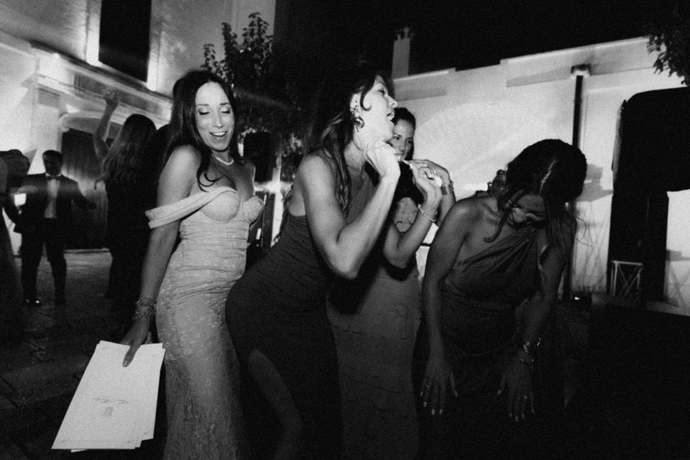 Black and white dance scenes showing individuals in silhouette dancing at a nightclub or party atmosphere.